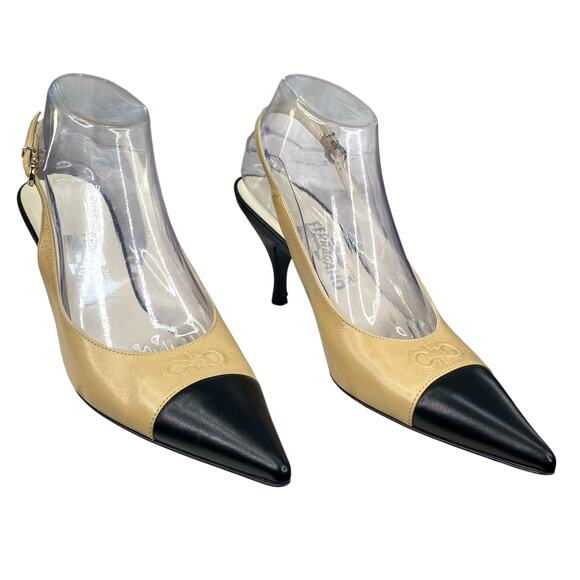 Salvatore Ferragamo Women’s Tan Black Pointed Toe Kitten Heel Size 9 B - Picture 5 of 12